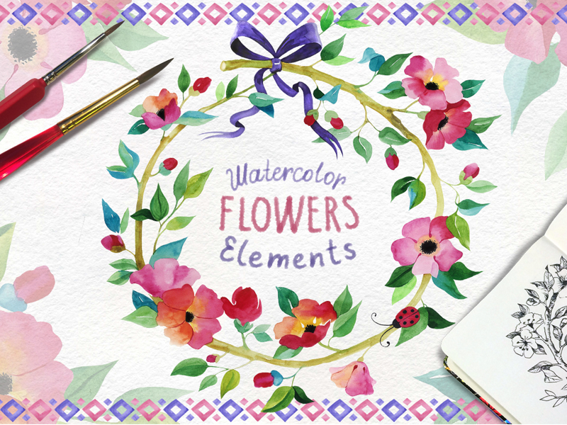 Watercolor Flowers romantic blossom artwork card brash season illustration hand made summer congratulation watercolor