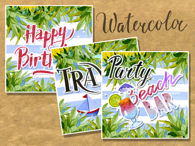 Set vintage watercolor cards artwork beach bar card congratulation flower hand made illustration party romantic summer travel watercolor