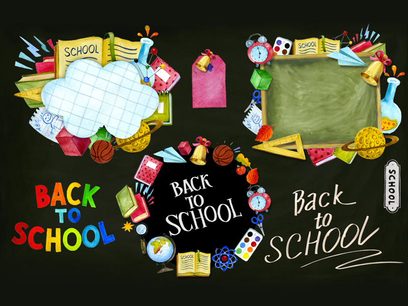 Back to School Watercolor board calculator pen pencil notebook univercity sport education student back to school school