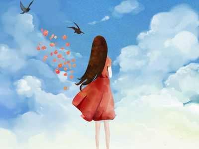 Girl blue flower girls illustration red school sky student