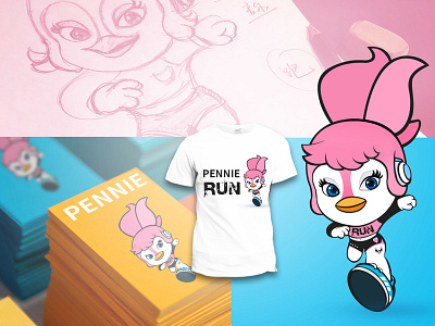 Penguin run blue design girl illustration image of ip logo logo 3d mascot mascot character penguin run pink sport vector