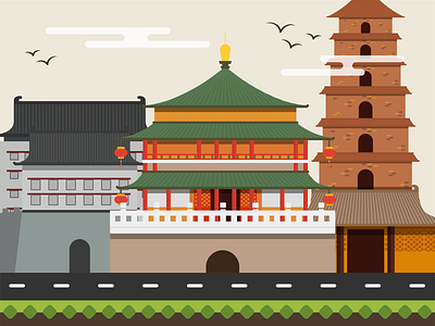 City of Xian buildings city digital art illustration xian