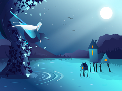 Night Elf art bird characterdesign drawing elf fantasy illustration lake moon night