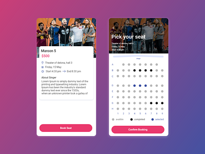 Booking Ticket app book design mobile seat ticket ui