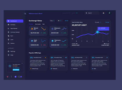 Dashboard page dark theme appscreen design trading web crypto ui user interface