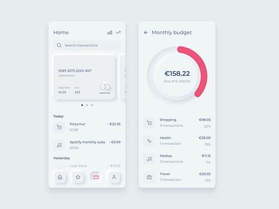 Online wallet app bank bank app card creditcard design grey light minimal minimalist mobile neumorphic neumorphism pink ui uiux white