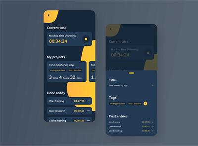 Time Tracker app dark mobile mobile app projects shapes tags time tracker ui uiux ux yellow