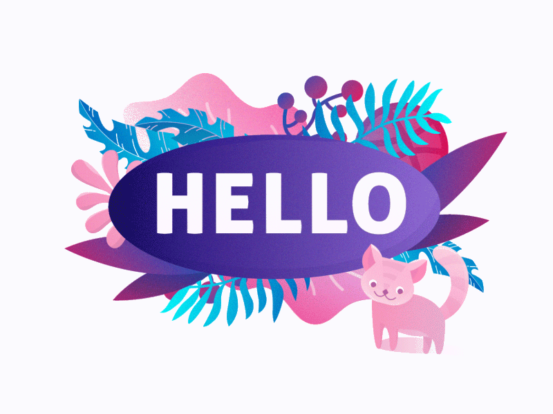 Hello Dribbble! <3 animated animation cat cute gradient hello illustration pink plants teal tropical violet