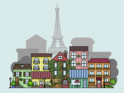 Paris street a door a table bushes cafe chairs climbing plants houses illustration lamp stairs street the eiffel tower the flowers the trees umbrella vector window