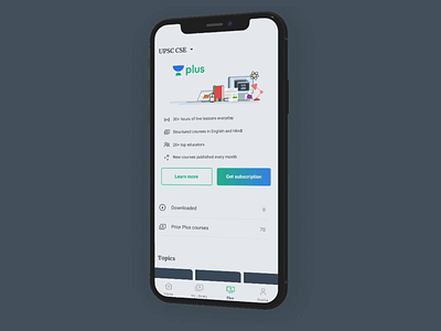 Introducing Plus Subscriptions 🎉 3d android animation app award education illustration ios iphone mockup model plus pricing subscription teaching trophy ui ui ux design ui design unacademy
