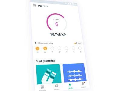Practice Tab - Unacademy Plus animation badges cards cards ui confetti correct countdown examination flat design inforgraphic interface levels lightning bolt loop animation minimal motion design progress questions tabs unacademy