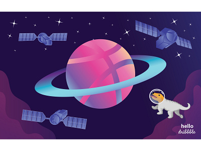 Dribbble Planet astronaut debut dog flight galaxy hello hello dribbble hello world illustration landscape satellite space space art stars vector