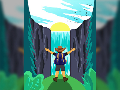 Hello World ! adventure birds blue cloud cowboy detail forest green illustration jungle landscape man nature rocks sky sun sunny tree vector waterfall