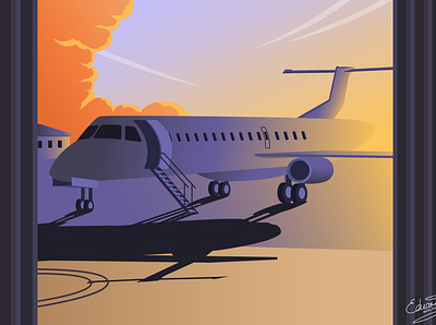 Plane in Airport adobe illustrator ai airline airplane airport blue contrast detail environment grey illustration landscape nature orange sunset ui vector