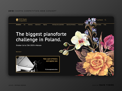 Chopin Competition web design back background classic music fowers gold pianoforte theme page uidesign web desgin webdesign