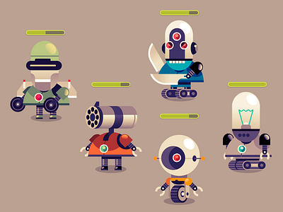 Robots! cartoon character color design game illustration interface kids robot vector