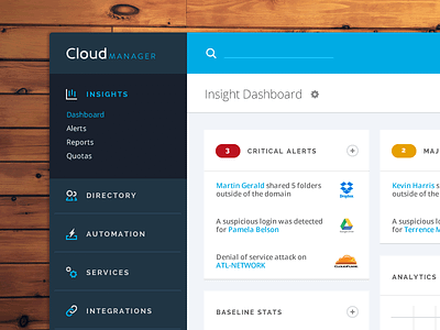 Cloud Manager App alerts app cloud dashboard insights menu