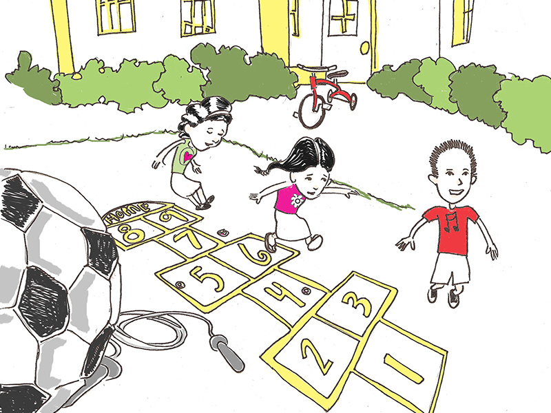 Hopscotch backyard playground outdoors boy book girl illustration tricycle jumprope ball play kids hopscotch