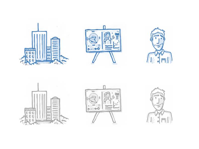 Some Icons - blue/greyscale illustration icon buildings clouds presentation person hand drawn