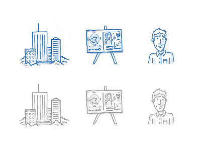 Some Icons - blue/greyscale buildings clouds hand drawn icon illustration person presentation