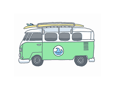 Green Bus (with wave) bus hand drawn icon illustration surf board volkswagon