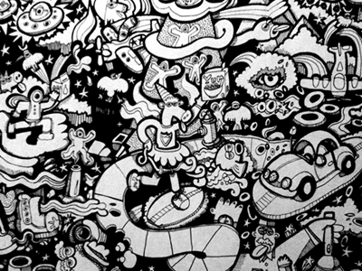 Cosmic Junkyard Candyland art black white coloring book hand drawn illustration psychedelic coloring book