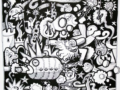 Aquariam Epic art black white illustration psychedelic coloring book