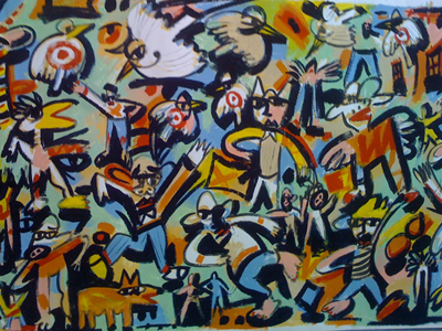 Angels Dogs And Birds Dance In Catman-do art colorful action scene painting
