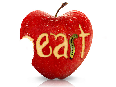 Eat Your Heart Out ambigram apple bite heart lettering red rendering waterdrops worm