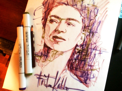 Frida Kahlo copic pen pencil portrait process sketch