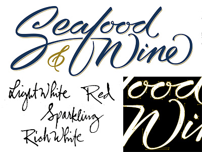 Seafood & Wine brush ink lettering process script seafood vector wine