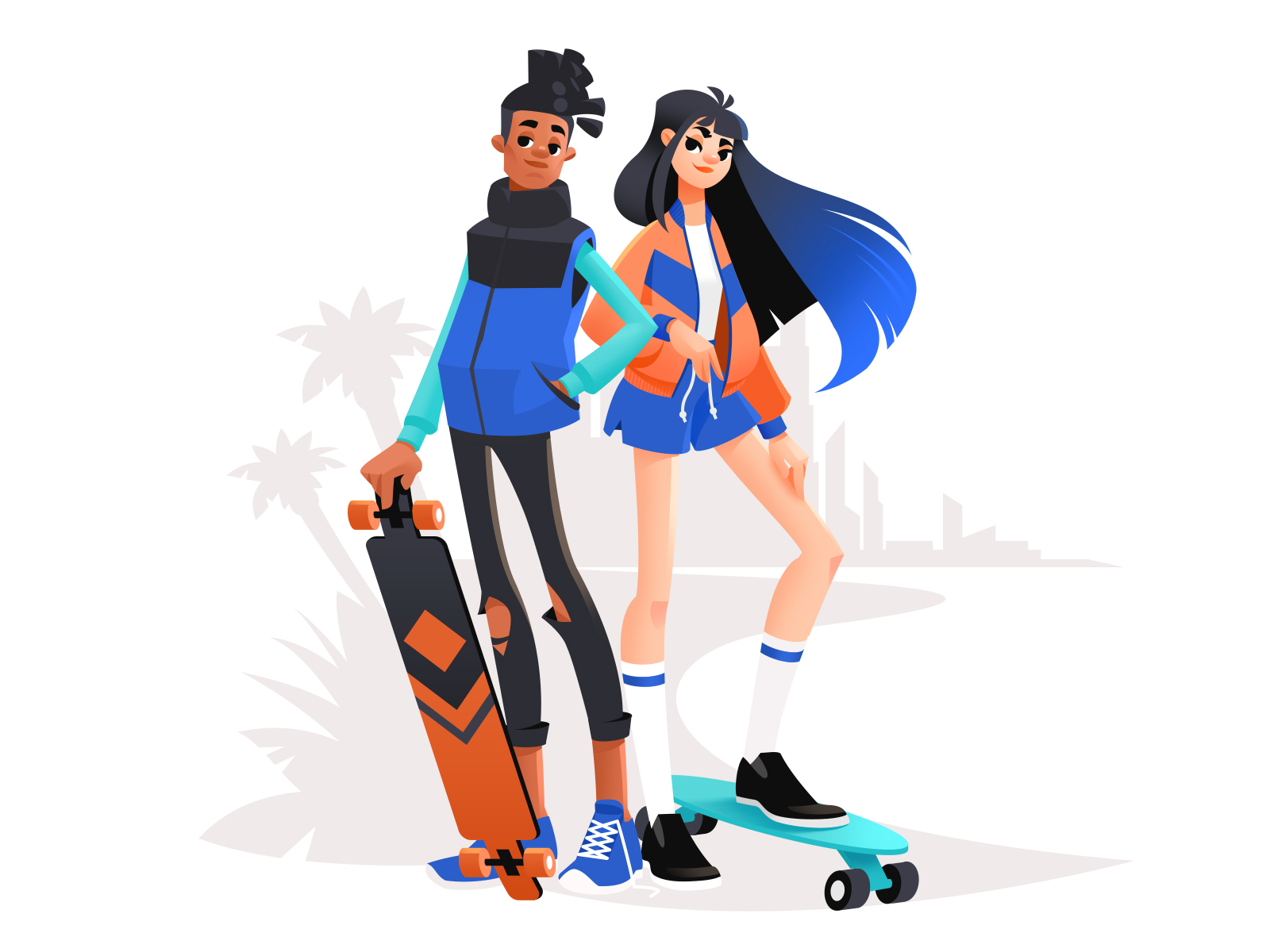 Skate Buddies activity art boy character character design design flat girl illustration illustrator lifestyle shakuro skateboard skaters sport style urban vector young