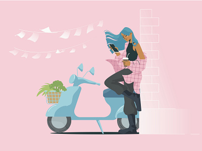 Springtime Feel: Savoring A Cup Of Coffee art bike character character design character illustration coffee design digital art flat girl character graphic illustration illustration art illustration for web illustrator perfect day shakuro spring springtime vector