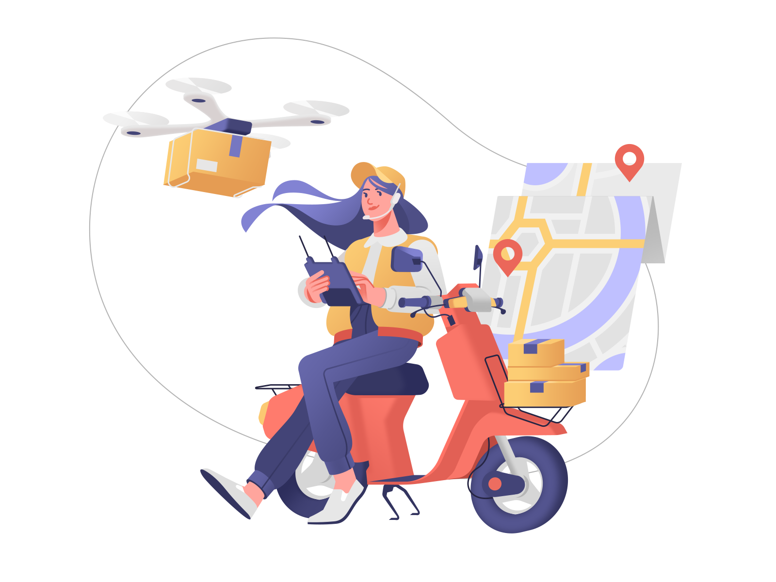Flawless Delivery Service Illustration art bike character courier service deliver delivery delivery app delivery service design fast delivery illustration illustration for web illustrator logistics order quadcopter service shakuro transport vector