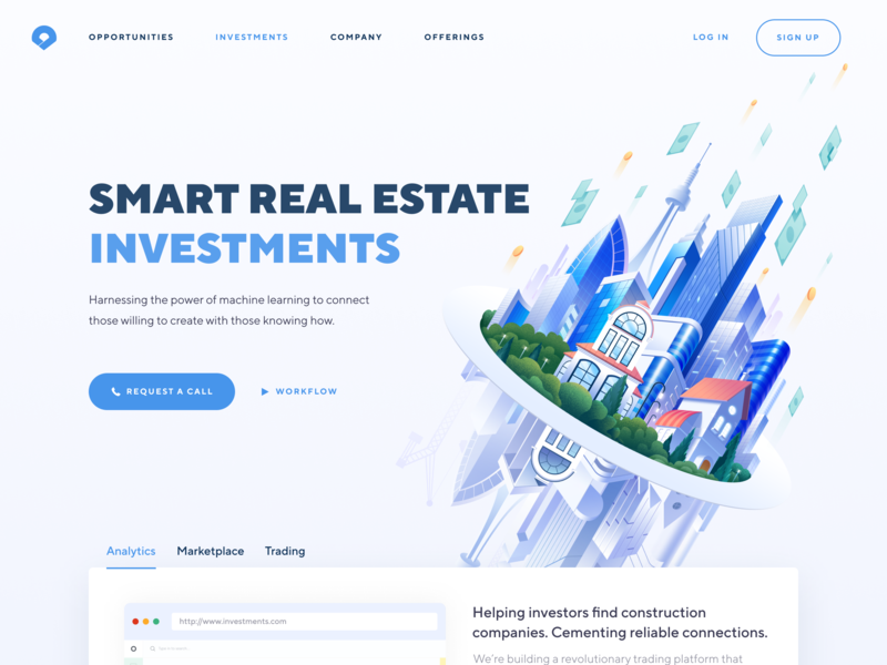 Real Estate Investments Home Page with custom illustration