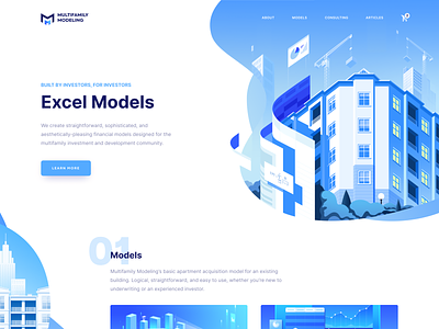 Blue Business Landing Page 3d blue branding business design developers financial models home page illustration investors landing page meticulously crafted modiling project ui ux vector web design white theme