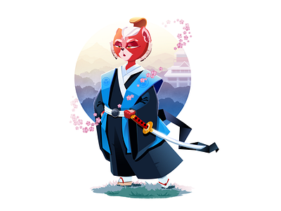 Samurai Cat Illustration art cat character character design character illustration flat illustration samurai vector