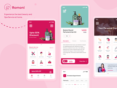 Romoni app beauty beauty salon branding color icon icon design illustration salon app typography ui ux