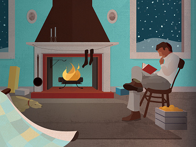 Fireside fire fireplace man oranges reading snow winter