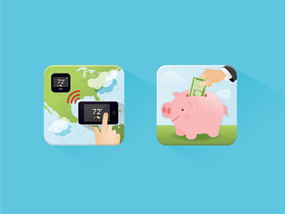Energy Savings Icons bank energy globe icon illustration iphone map money piggy remote saving thermostat