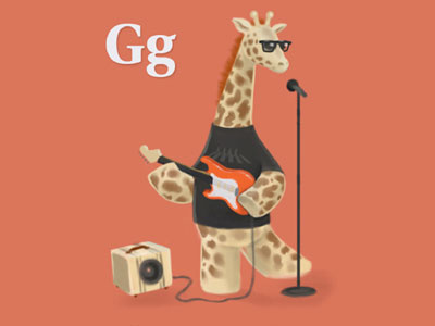 A giraffe who plays guitar in a garage band childrens illustration ipad iphone