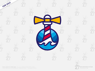 Ocean Lighthouse with Waves Logo (for sale) beam coast foundation guard lifeguard light lighthouse logo logo for sale ocean offshore rays salvation sea shelter shipping signal tower water waves