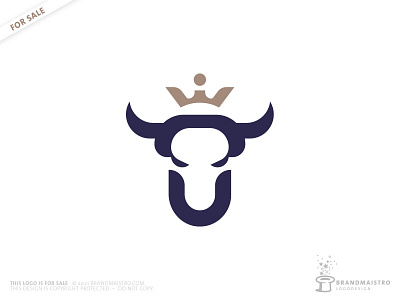 Crowned Letter U Cow Or Bull (logo for sale) animal bison branding buffalo crown head king lgoodesign logo logo for sale mascot minotaur ox powerful readymadelogo strong taurus
