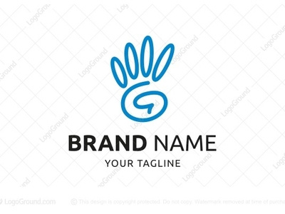 High Five Letter G Logo (for sale) blue character fingers gesture greet hand health care high five letter g lines manicure manual medic medical palm protect stop signal typography waving goodbye