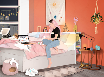 Cozy Room Illustration 2d art animation bed books cat chill colors cozy digital drawing girl graphic design home illustration illustration design lights night pink hair room videoclip