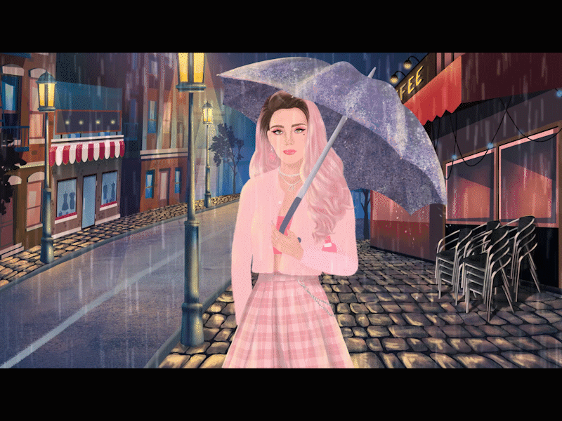 Illustrated shot 1 for visual "Heartbreaker" 2d art animated animation digital drawing fashion illustration girl girl character girl illustration graphic design heartbreak illustration lights night city pink pink hair rain storyboard storytelling videoclip