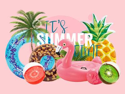 Summer Time art banner branding character cover design enjoy flamingo inflatable palm photoshop pink sea slider summer summer slider summertime swimming typography web slider
