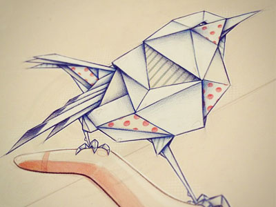 Origami art bird color pencil illustration origami paper