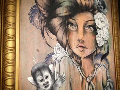 Modern Frida art drawing feathers flowers framed gold hair illustration mixed media monkey woman wood