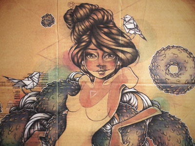 Blue bird art bird cardboard drawing feathers framed gold hair illustration mixed media woman